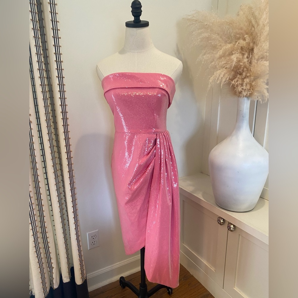 Lavish Alice Pink Sequin Draped Strapless Dress Size 4 worn once like New!!